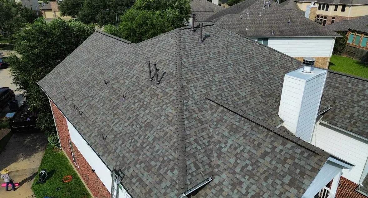 Recent San Antonio roofing project: finished residential shingle roof, drone view