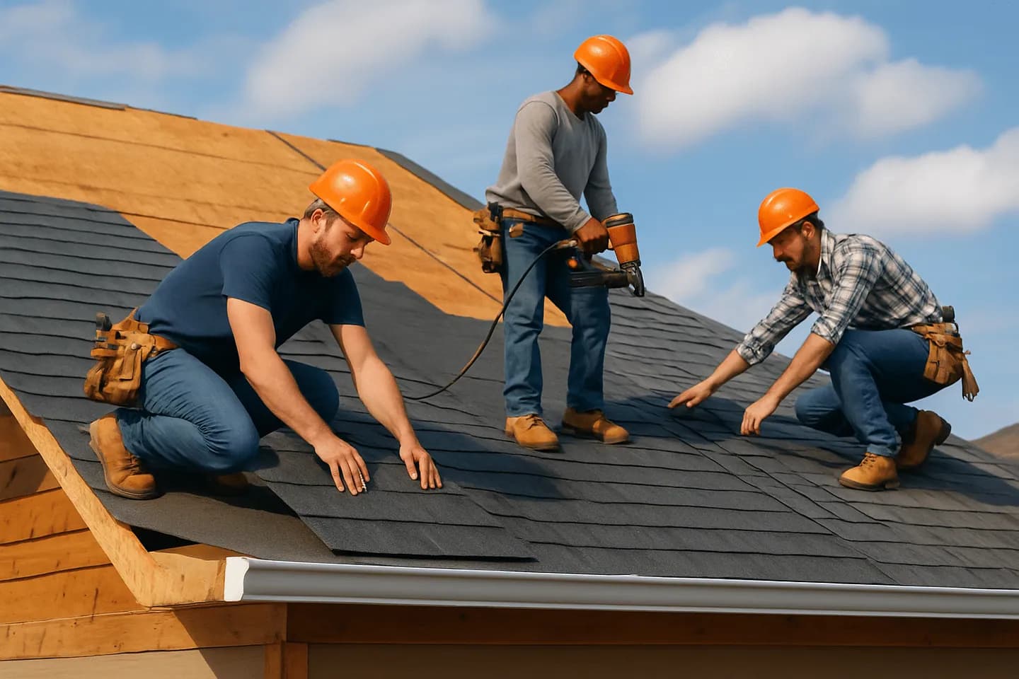 Roofing crew working on a damaged roof